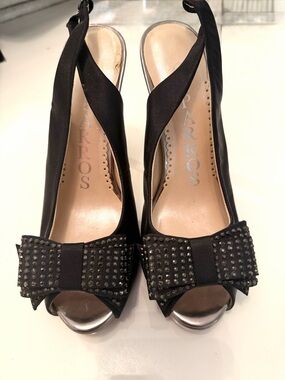 Caparros Satin Black Bow Peep-Toe Slingback Pump Heels - Size 8